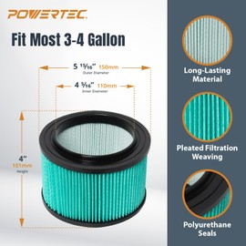 POWERTEC 16950 HEPA Cartridge Filters for Craftsman 2PK, Fits Craftsman 9-16950, 9-17810, 17810, CMXEVBE17612 3-4 Gallon Wet/Dry Vacuums, Craftsman HEPA Material Vac Replacement Filters (75090)