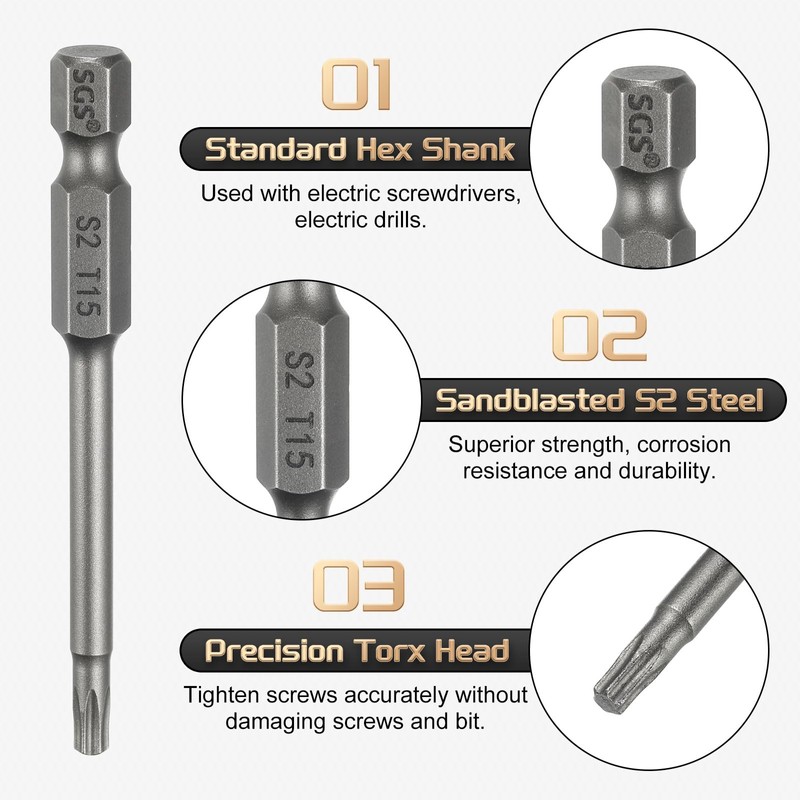 sourcing map 3pcs T15 Torx Head Screwdriver Bit 1/4" Hex