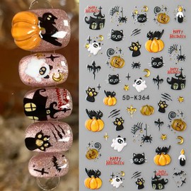 Halloween 5D Embossed Nail Stickers for Nail Art, Ghost Pumpkin Black Cat Spider Web Star Moon Spider Design Halloween Nail Decals for Women Girls Manicure Tips Decorations, 2Sheets