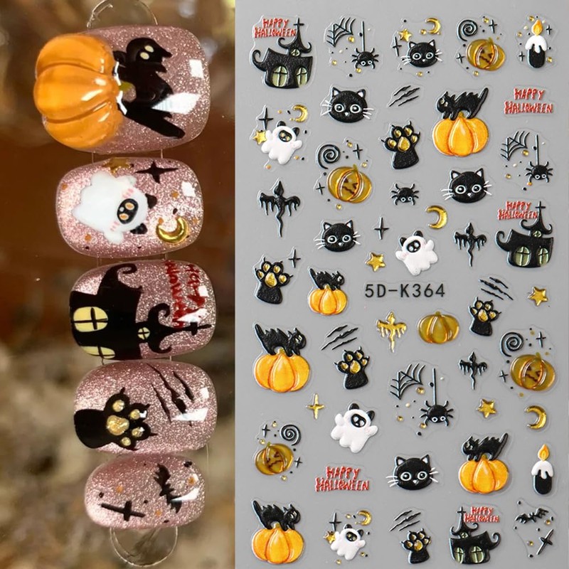 Halloween 5D Embossed Nail Stickers for Nail Art, Ghost Pumpkin