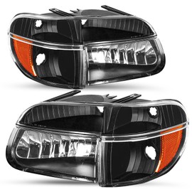SOCKIR Headlight Assembly Compatible with 1995-2001 Ford Explorer / 1997 Mercury Mountaineer w/Corner Lights 4pcs Passenger & Driver Side (Black Housing with Amber Reflector)