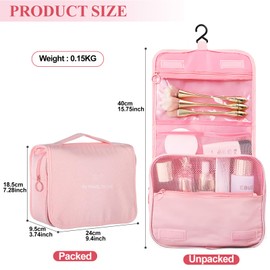 Travel Hanging Toiletry Wash Bag, Makeup Bag Cosmetic Organizer, Waterproof Wash Bag with Hanging Hook, Foldable Cosmetics Storage Bag for Girls Women Pink