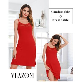 Vlazom Women Nightdresses Soft Full Slip Petticoat Spaghetti Strap Chemises V Neck Lace Trim Negligee Nightgown Red, S