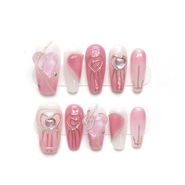 Korean Trend: Various Nail Tips, Long and Short Variations, 3D Design, Cute, Stylish, 10 Pieces, Popular Items from Entrance Ceremony to Wedding Ceremony (Heart Shape, S)