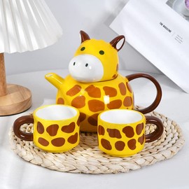 RORA Giraffe Ceramic Tea Pot with 2 Tea Cups Set, Hand-painted Porcelain Teapot Set for Coffee Latte Milk Tea Flower and Fruit Tea （17 oz/500 ml）
