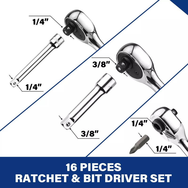 Workpro Stubby Ratchet & Bit Driver Set 16 PCS, 1/4",