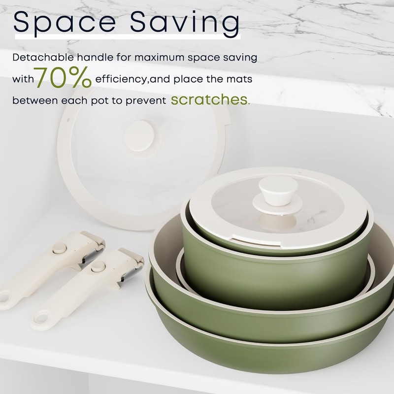 Caannasweis Detachable Nonstick Cookware Set - Stackable Induction Pots and