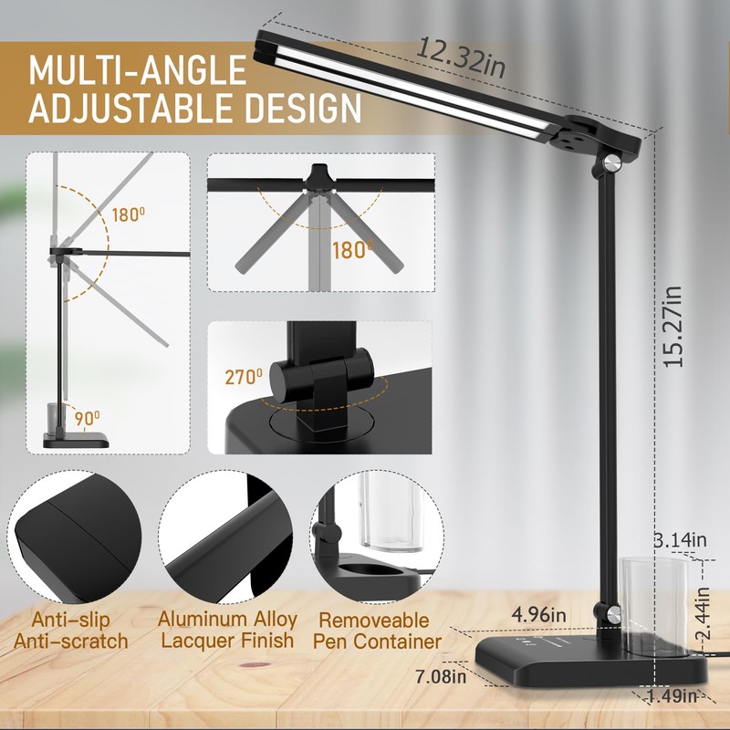 CHARYJOD Dimmable LED Desk Lamp with USB Charging Port Bright,