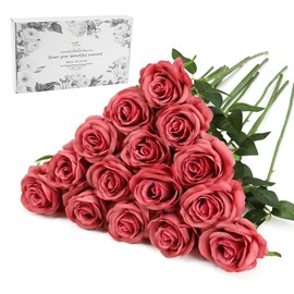 Pink Fake Roses Artificial Flowers - 16 Pcs Fake Artificial Roses Silk Flowers with Stems for Home Wedding Hotel Office Centerpiece Decor（Coral Pink）