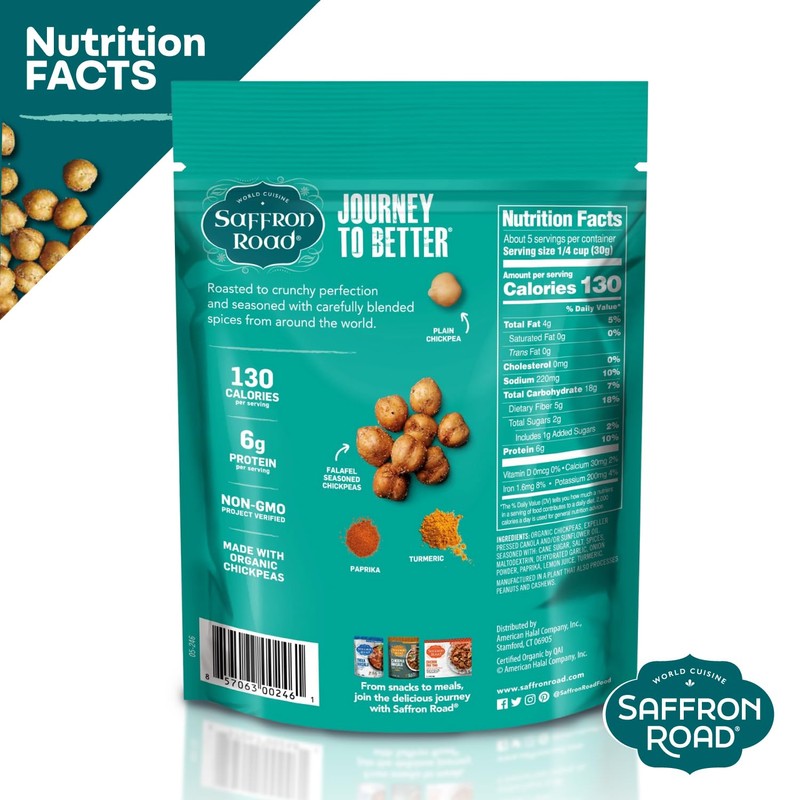 Saffron Road Roasted Falafel Crunchy Chickpeas | High-Protein, Vegan, Gluten-Free,