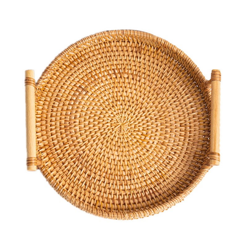 Hand Woven Round Rattan Serving Tray Bread Fruit Dessert Snack