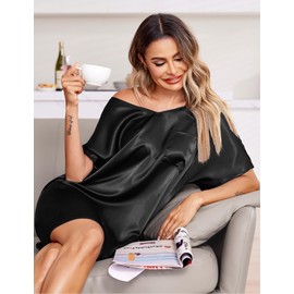 eshion Nightgown Women's Satin Silk Loungewear Short Sleeve Summer Boyfriend Casual Dresses(Black,XL)