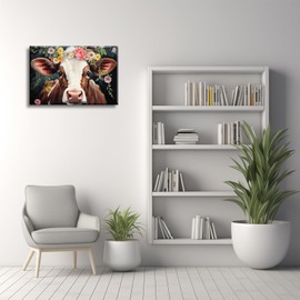 KPLUNDO Cow Canvas Wall Art Abstract Animal Picture Print Watercolor Cow Portrait Painting Floral Cow Artwork For Bedroom Livingroom Decor (Artwork-8, 12"x18")