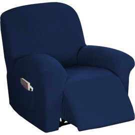 Flamingo P Stretch Recliner Chair Cover Recliner Cover for Electric/Manual Style | Furniture Cover for Reclining with Side Pocket, Soft Checked Jacquard Fabric Form Fitted Standard/Oversized - Navy