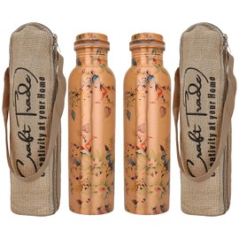 Craft Trade Printed Copper Bottle with Lid and Carry Bag for Drinking Water BPA Free Leak Proof Boosts Immunity, Supports Digestive & Liver Health 34oz - 1 Litre