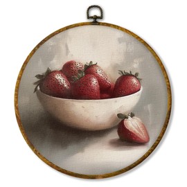 Hiuwevt Vintage Moody Strawberry Round Wall Art Decor, Dark Academia Strawberry Framed Canvas Prints, Farmhouse Rustic Fruit Round Wall Hanging Decor for Kitchen Home Bedroom Decorations, 10x10 Inches