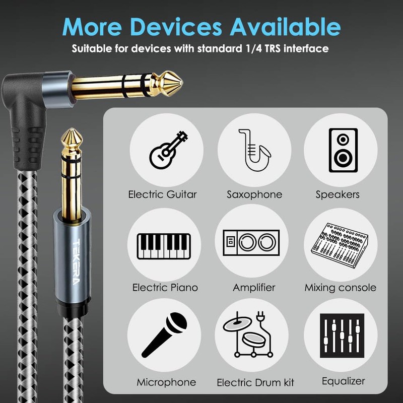 TEKERA Guitar Cable, 2-Pack 0.5M, Right Angle Balance 6.35mm TRS