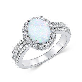 Shroova 925 Sterling Silver Oval Opal Moissanite Ring,White Opal Promise Engagement Rings Gemstone Jewelry for Women Her(Size 8)