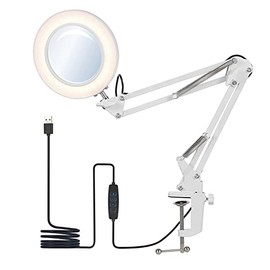 Mingzhe LED Clamp-on Table Lamp with 8X Magnifier Swing Arm Dimmable 3 Color Modes & 10 Brightness Levels for Reading Working White (White)
