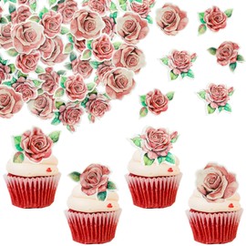 Ephlyn 48Pcs Rose Cupcake Toppers Wafer Paper Rose Flower Cupcake Picks Rose Edible Cupcake Decorations for Roses Theme Wedding Engagement Valentine's Day Birthday Party Decoration Supplies Rose Red