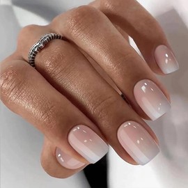 Milky White Press On Nails | CurvLife Nail | 24pcs Short Round Fake Nails | Glossy Natural Finish | Easy Apply, Comfortable & Durable | Daily, Business & Elegant Nail Art:_Nude Ombre