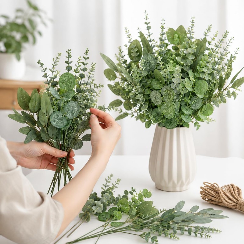 48 PCS Mixed Artificial Eucalyptus Stems Bulk with Hemp Rope