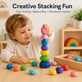 Montessori-Inspired Wooden Stacking Stones for Kids – Natural Wood Balance Blocks for Sorting, Stacking and Creative Play