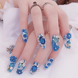 Gorgeous False Nails Dazzling False Nails Nail Tip, Blue Rhinestone Ribbon Sparkling Set of 24 for Weddings, Parties, After-parties, Nail Art (AF03)