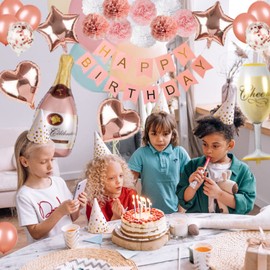 Rose Gold Birthday Party Decorations,Happy Birthday Banner,Heart Star Foil Confetti Balloons,Birthday Decoration for Women Girls With Tissue Paper Pompoms