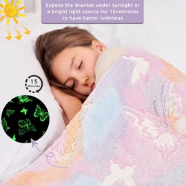 DaysU Glow in The Dark Blanket for Girls, Luminous Kids Micro Flannel Warm Soft Plush Throw Blanket for Couch Sofa Toddler Bed, Birthday Present, 50"x60", Butterfly