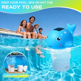 Blufree Pool Chlorine Floater, Solar Whale Chlorine Tablet Floater w/Light, Adjustable Release & Large Capacity Fits 3 inch Tabs Floating Chlorines Dispenser for Pool, Hot Tub Spa Party (White, 9.1in)