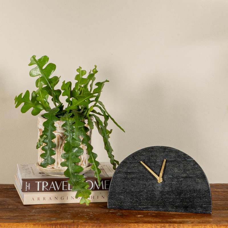 Bloomingville Decorative Half Moon Marble Mantel Clock, Black and Gold