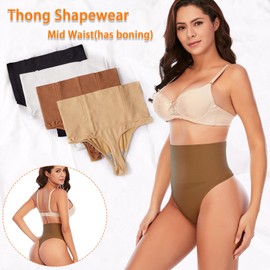Werena Tummy Control Thong Shapewear for Women Seamless Shaping Thong Panties Body Shaper Underwear(01# Brown-mid Waisted(has Boning),3X-Large)