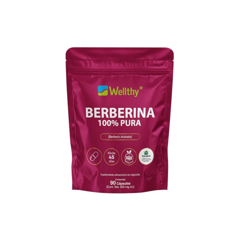 Wellthy Berberina Pura 90 Cápsulas. 100% Berberis Aristata, 500mg c/u,