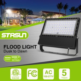 STASUN 300W 45000LM Dusk to Dawn LED Flood Light Outdoor Photocell - Flying Series Ultra, 5000K Daylight White, IP66 Waterproof Stadium Lights for Yard, Stadium, Courts, Commercial, Parking Lot