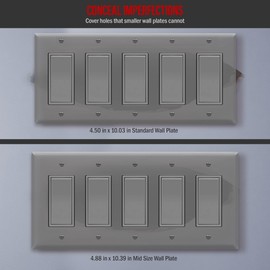 ENERLITES Decorator Switch Cover, Five Gang Outlet Wall Plate, Mid-Size 5-Gang 4.88" x 10.03", Unbreakable Polycarbonate Thermoplastic, UL Listed, 8835M-GY, Gray