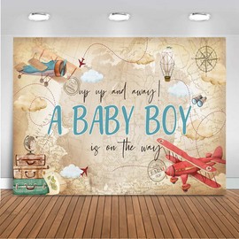 Mocsicka Airplane Baby Shower Backdrop for Boy Vintage Plane World Map Adventure Travel Theme Baby Shower Decorations Airplane Boy Baby Shower Decorations Photo Booth Props (7x5ft (82x60 inch))