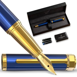 Ellington Pens Luxury Fountain Pen Set- Fountain Pens for Writing - Smooth Medium Nib - Includes Refillable Ink Converter, 3 Ink Cartridges [Black & Blue], Gift Box - Elegant Calligraphy