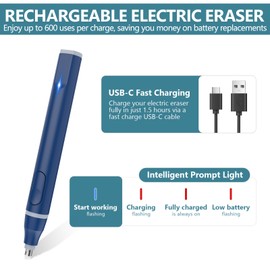 Foyucool Electric Eraser, USB C Rechargeable Pencil Eraser with 220 Eraser Refills, 2 Eraser Sizes, Comfort Grip Art Eraser for Drawing, Ideal for Artists, Students, Sketch, Engineers, Blue