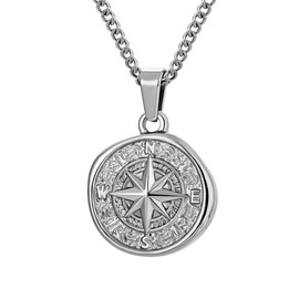 murtoo Men's Necklace with Compass Pendant for Men, Silver Stainless Steel Necklace, Gift Ideas for Men and Women, Stainless Steel