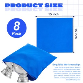 Sanwuta 8 Pcs Zippered Silver Storage Bags Anti Tarnish Silver Pouches Keeper Jewelry Storage Protector Bags(15 x 15 Inch,Navy Blue)