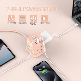 Cube Extension Lead with USB Slots, BEVA 4 Way Multi Plug Power Strip with 3 USB Ports (5V/2.4A), Desktop Power Extension Socket with 1.5M Extension Cords for Home Dorm Office Travel-PINK