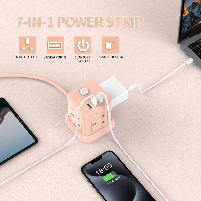 Cube Extension Lead with USB Slots, BEVA 4 Way Multi
