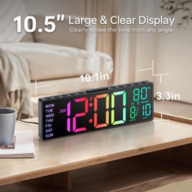 JALL 10.5'' Digital Large Alarm Clock with 8-in-1 RGB Colors, Date, Month, Temperature LED, Auto DST, Modern for Desk, Wall, Living Room, Bedroom, Birthday Xmas Gift, him her Mom Dad Seniors Teen
