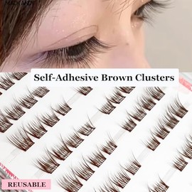 Brown Self Adhesive Eyelash Clusters Press On Eyelash LASGOOS Natural BB Curl 3D Lash Individual 9-12mm 64Cluster Pre-Glued Long-Lasting DIY Eyelash E