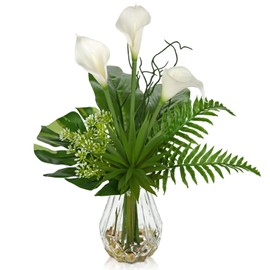 Briful Fake Plants in Glass Vase with Stone and Faux Water, Mixed Palm Calla Lily Succulents Monstera Floral Arrangements, Realistic Potted Artificial Plants for Home Farmhouse Weddings Table Decor