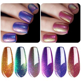 Vishine Gel Nail Polish Holographic, Galaxy Glossy Chameleon Nail Art Glitter Gel Polish Set, Shimmer Gel Polish Nail Art Salon at Home Gift Set 6Pcs