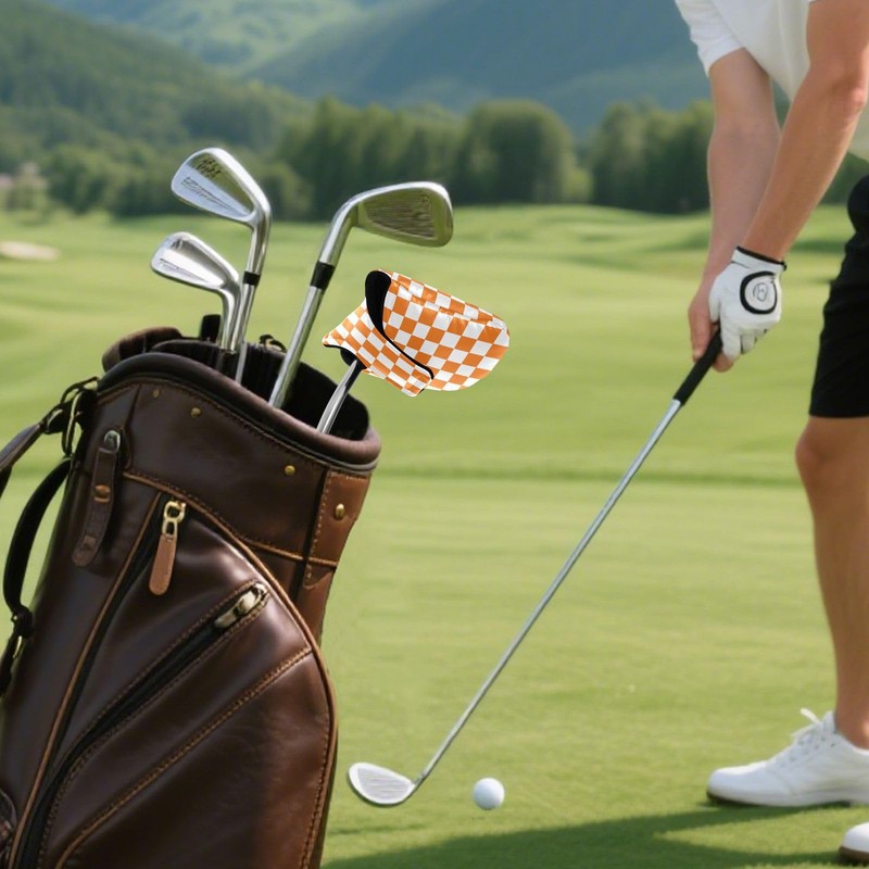 Checkered Plaid Orange Print Putter Cover PU Leather Magnetic Blade