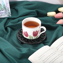 Kokone 2 Pcs Tea Pot Trivet for Kitchen 5.2 Inch Floral Pattern Tea Pot Trivet for Party Sturdy Cast Iron Trivets for Table Practical Kettle Trivet with Rubber Covers for Dining Office Countertop