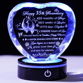 YWHL 35th Wedding Anniversary Crystal Heart Gifts for Parents Couples with LED Base Laser Engraved Happy 35th Anniversary Keepsake Plaque Gift for Husband Wife 35 Years of Marriage Gifts for Her Him